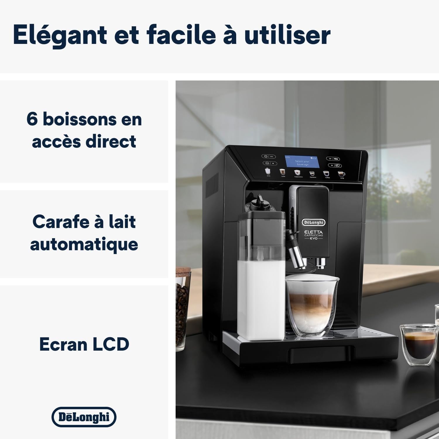 TechCaffe Eletta Evo Machine a Café Grain, Machine Expresso et Cappuccino, Ecran LCD Tactile, Noir