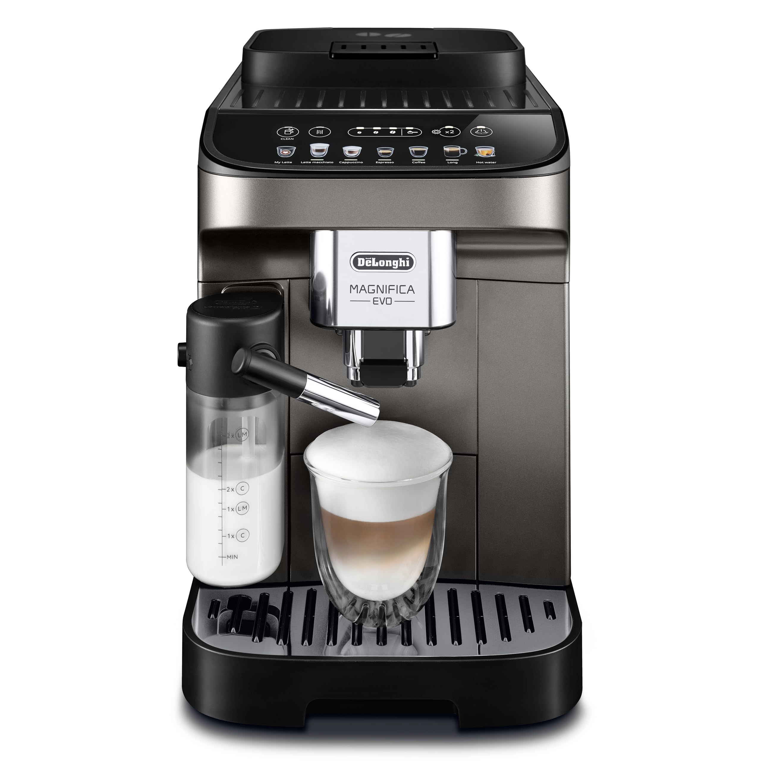 TechCaffe Magnifica Evo, Cafetière Automatique avec Mousseur de Lait, Titane/Noir