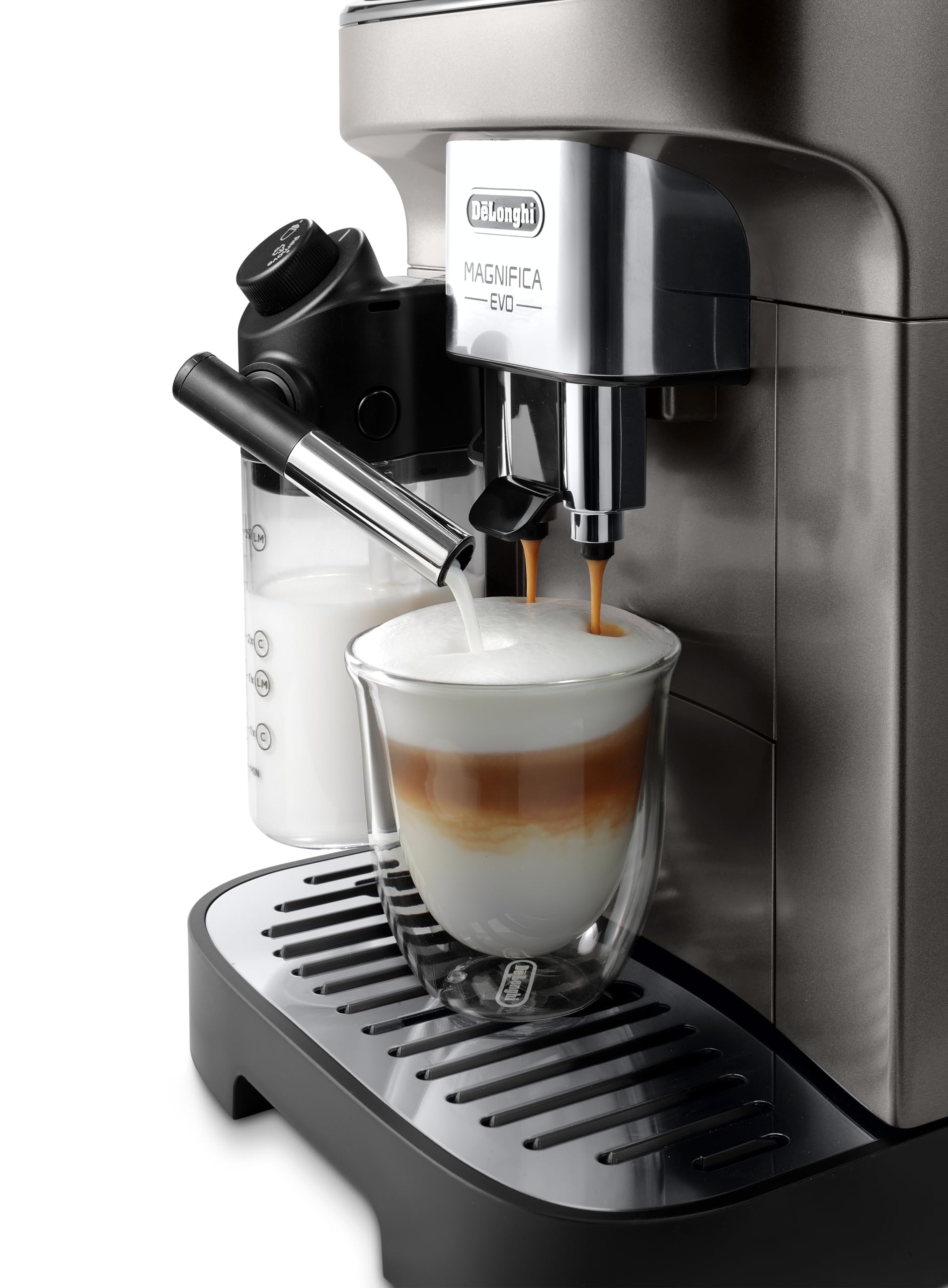 TechCaffe Magnifica Evo, Cafetière Automatique avec Mousseur de Lait, Titane/Noir